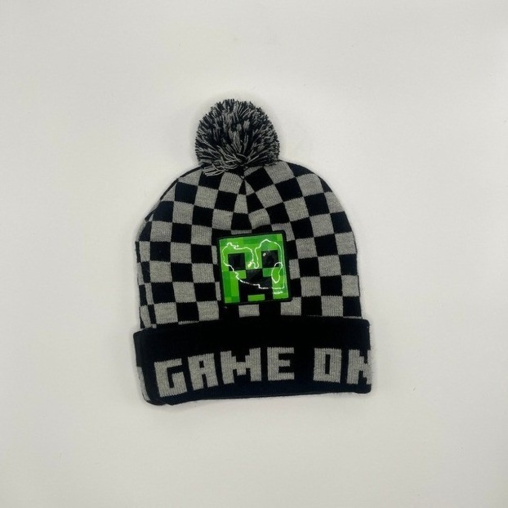 Minecraft Creeper Beanie Hat Game On Checkered Pom Pom Knit beanie